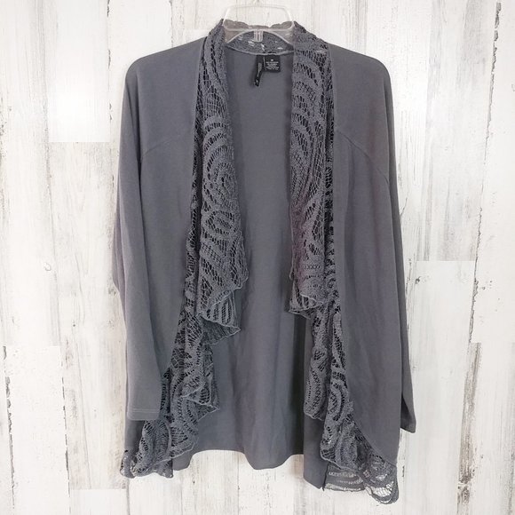 new directions Sweaters - 1X Open Front Cardigan Sweater Waterfall Lace Gray